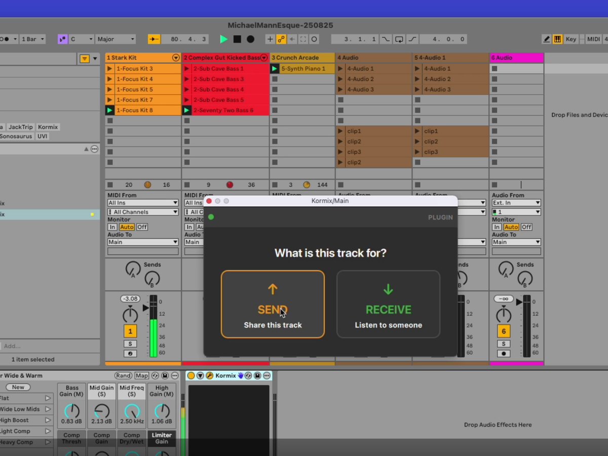 The Kormix plugin open on a track in Ableton Live, asking "Choose plugin mode" with Send and Receive as the two choices